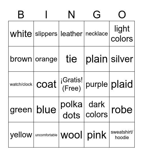 Desafío 2 - Describir la ropa (colores, diseños, materiales) Bingo Card