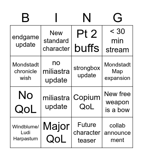 Luna V (6.4) special program Bingo Card