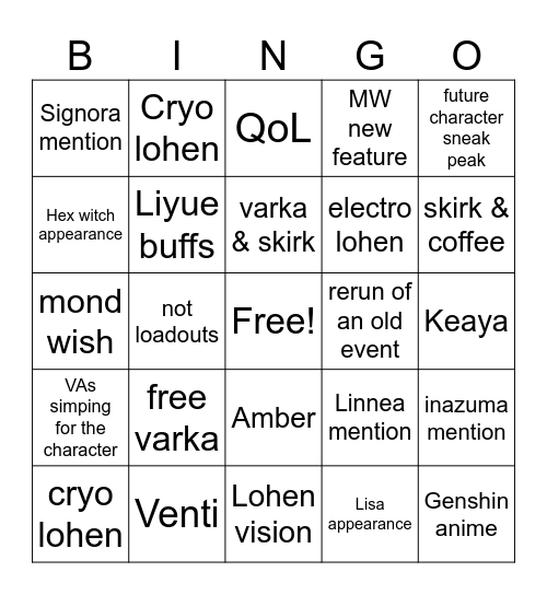 Genshin Luna lunaV stream Bingo Card