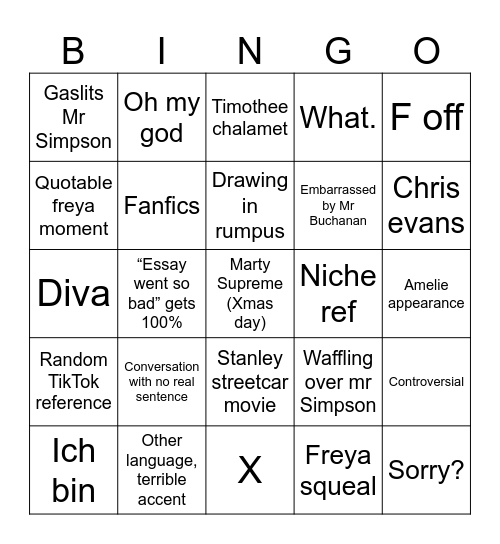Freya McKeown and Layla Wheeler bingo Card