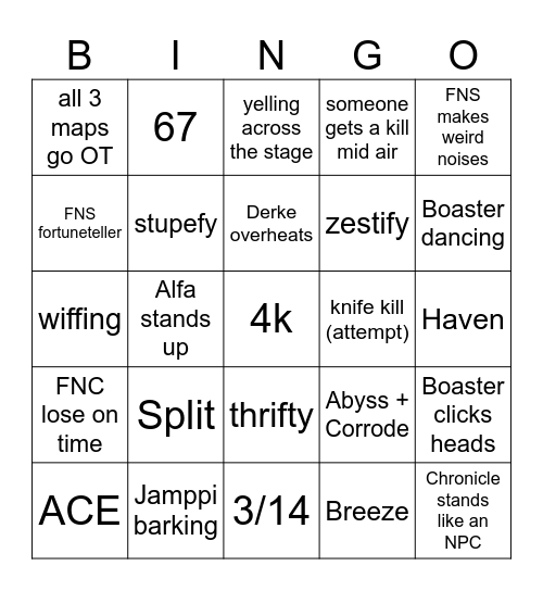 VIT vs FNC Bingo Card