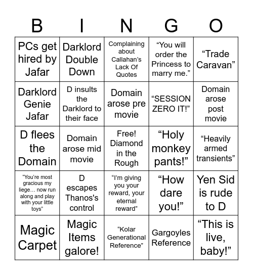 Wonderful World of Darklords: Aladdin Bingo Card