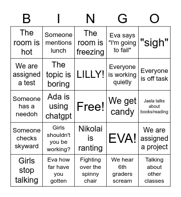 History Class Bingo Card