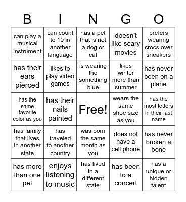 GET TO KNOW YOU BINGO Card