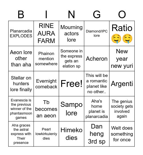 Planarcadia Bingo Card
