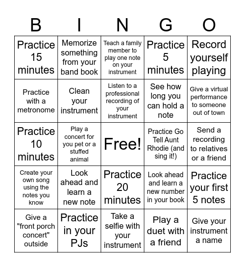 Winter Break Band Bingo Card