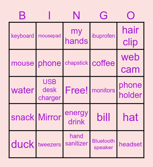 Desk Items Bingo Card