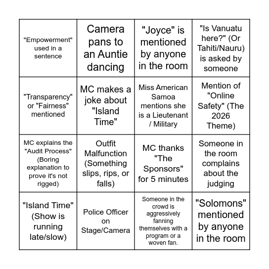 Pacific Pageant Bingo Card