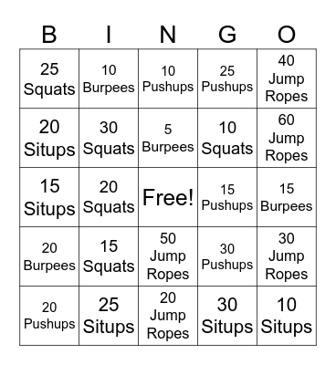 Fitness Friday Bingo Card