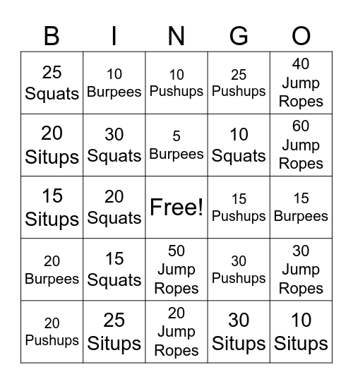 Fitness Friday Bingo Card