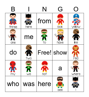 Superhero Sight Words Bingo Card