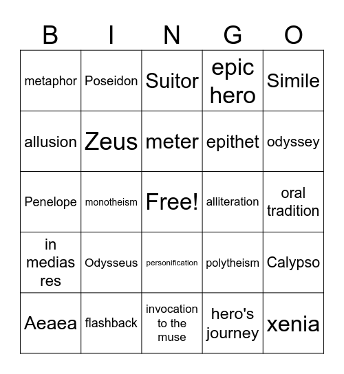 Odyssey Bingo Card