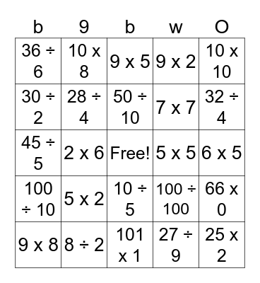 Multiplication and Division Bingo Card