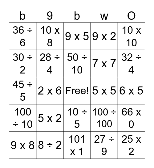 Multiplication and Division Bingo Card