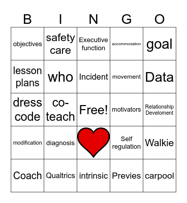 Heart Words Bingo Card