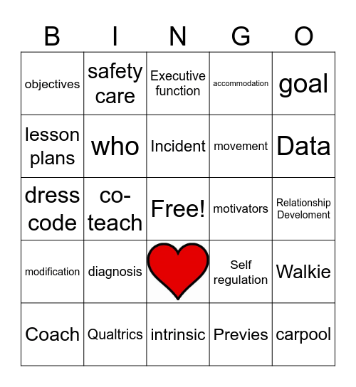 Heart Words Bingo Card