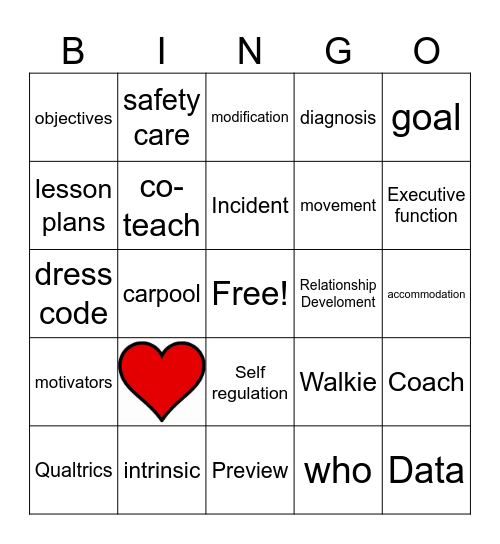 Heart Words Bingo Card