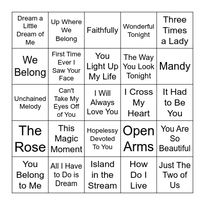 Valentines Music BINGO Card