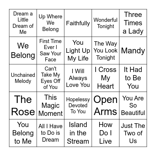 Valentines Music BINGO Card