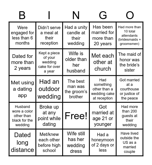 GBC Married People Bingo Card