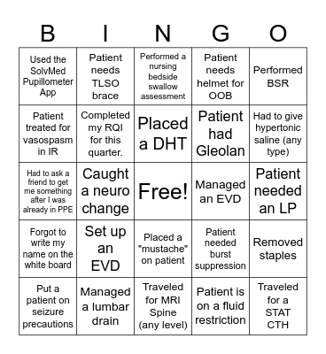 Neuro Nurse Bingo - ICU Bingo Card