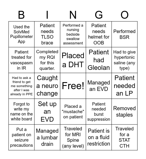 Neuro Nurse Bingo - ICU Bingo Card