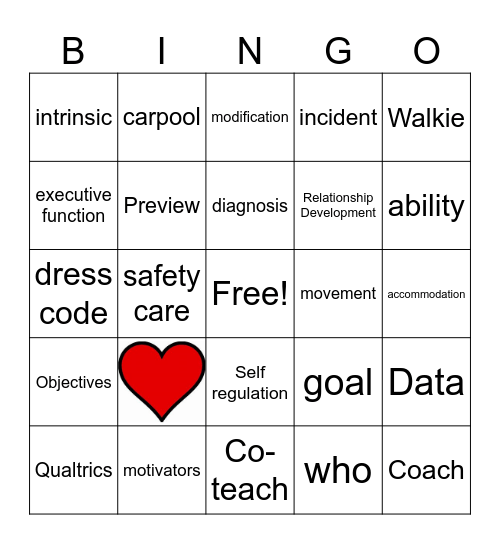 Heart Words Bingo Card