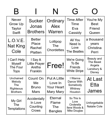 Love Song Bingo - Game 2 Bingo Card