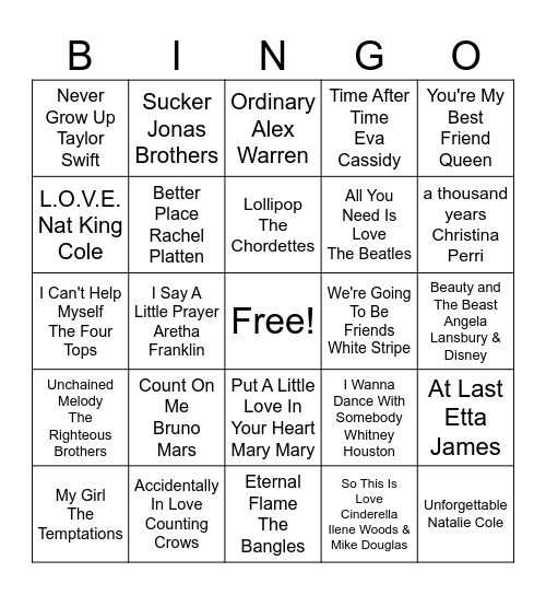 Love Song Bingo - Game 2 Bingo Card