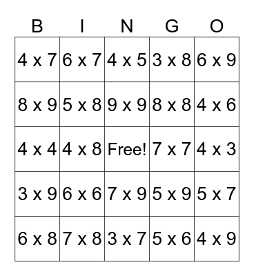 Multiplication Fact Review Bingo Card