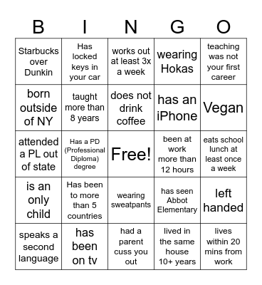 Teacher Icebreaker Bingo Card