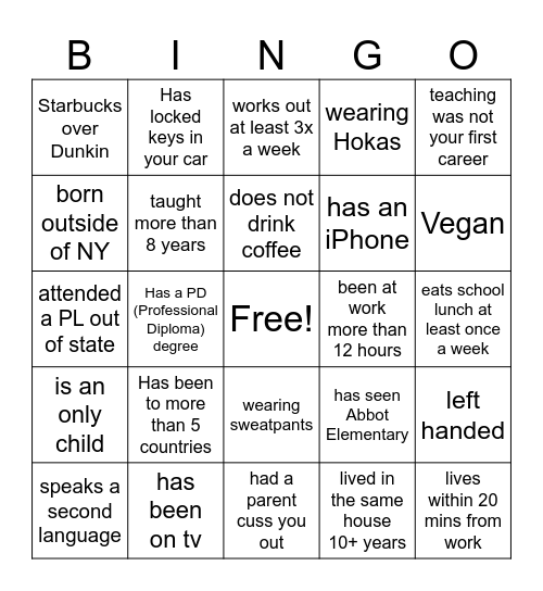 Teacher Icebreaker Bingo Card