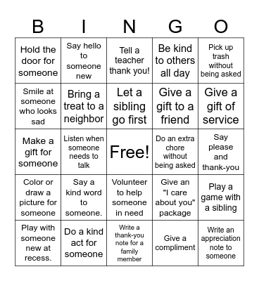 Random Acts of Kindness Bingo Card