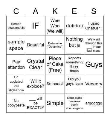 Piece of Cake Bingo Card