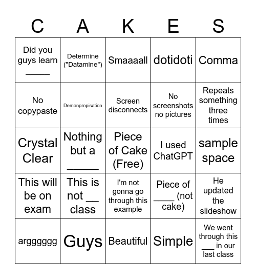 Piece of Cake Bingo Card