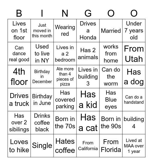 Find A Neighbor Bingo Card