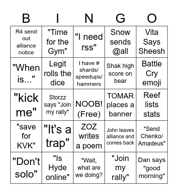 TLT Chat Bingo Card