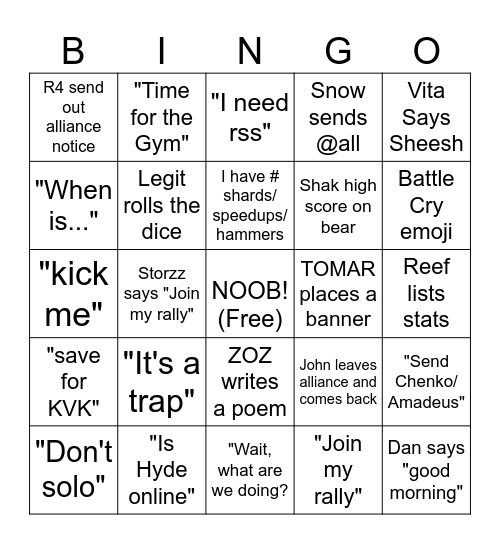 TLT Chat Bingo Card