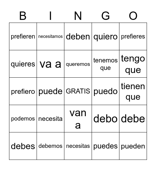 Verbos con infinitivos Bingo Card