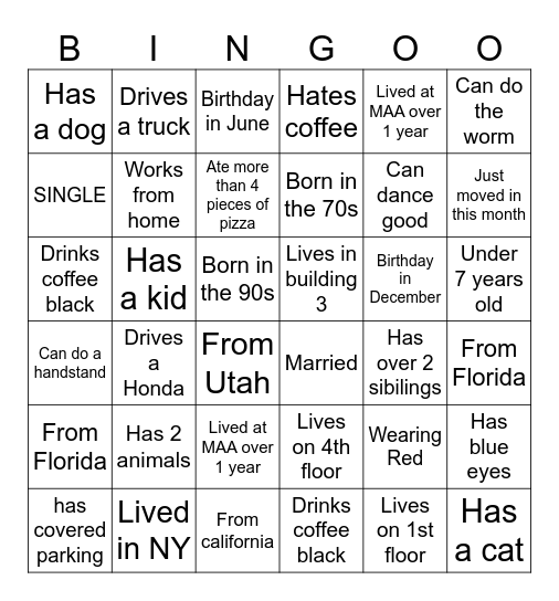 Find A Neighbor Bingo Card