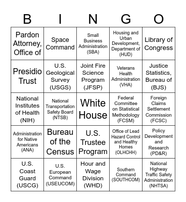 United States Federal Departments and Agencies Bingo Card