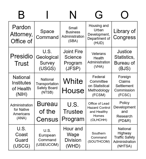 United States Federal Departments and Agencies Bingo Card
