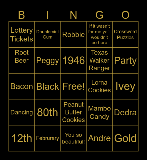 Betty’s 80th Birthday Bingo Card