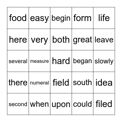 Sight Words Bingo Card