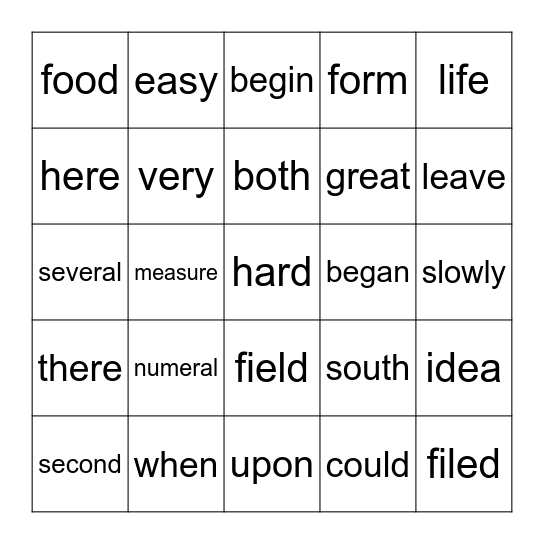 Sight Words Bingo Card