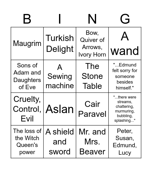 The Lion, The Witch, and the Wardrobe Bingo Card
