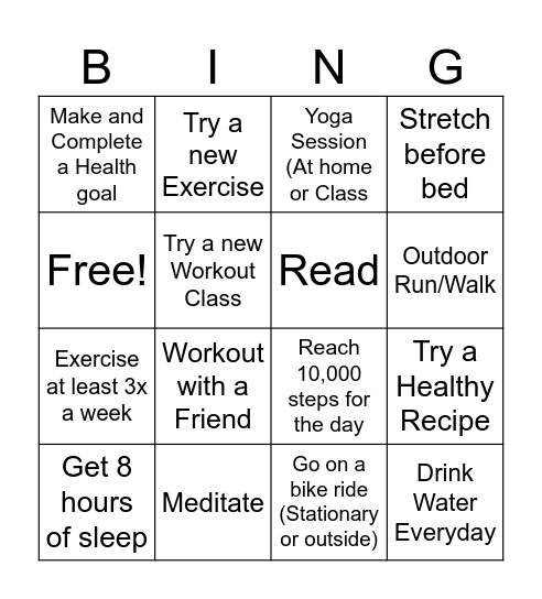 Health and Wellness BINGO Card