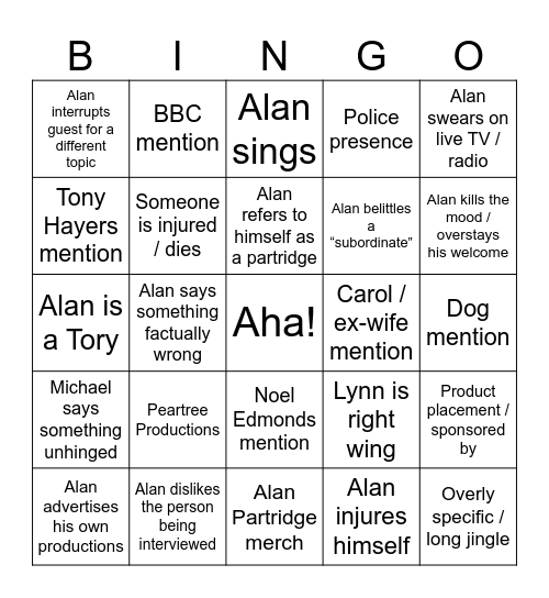 Alan Partridge Bingo Card