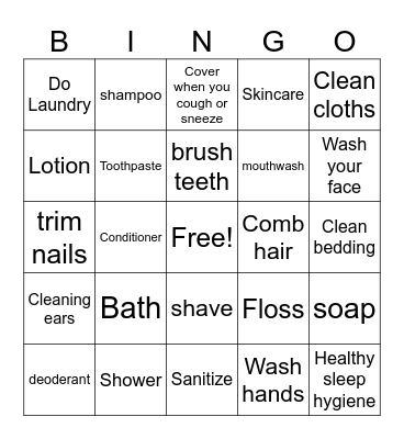Personal Hygiene Bingo Card
