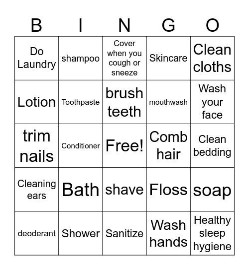 Personal Hygiene Bingo Card